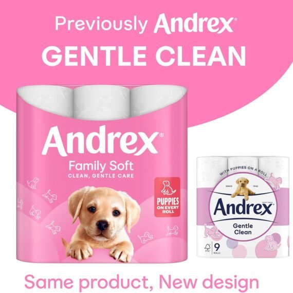 Andrex Family Soft Toilet Tissue 45 Standard Toilet Rolls, Gentle on your Family’s skin (Previously Andrex Gentle Clean Toilet Paper) – Family Pack of 45 Toilet Rolls, Packaging May Vary