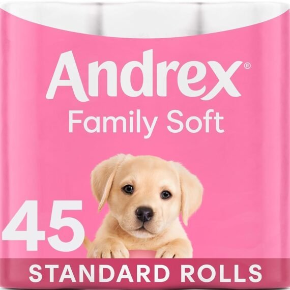 Andrex Family Soft Toilet Tissue 45 Standard Toilet Rolls, Gentle on your Family’s skin (Previously Andrex Gentle Clean Toilet Paper) – Family Pack of 45 Toilet Rolls, Packaging May Vary