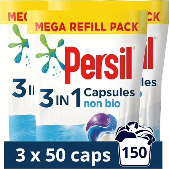 (Envío gratuito) Cápsulas para el lavado de ropa Persil 3 en 1 no biológicas que eliminan las manchas a la primera para un lavado suave con la piel sensible 3 x 50 cápsulas (150 lavados)